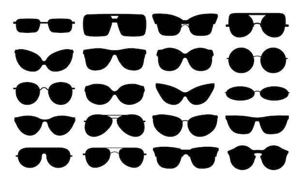 Silhuetas de óculos. conjunto de óculos preto elegante isolado. formas de óculos de metal e plástico. ícones de óculos de sol geek. óculos e óculos, ilustração de moldura de silhueta de óculos de plástico