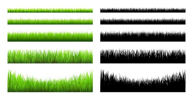 Silhuetas de prado com plantas de grama em verde simples e preto paisagem panorâmica de gramado de verão com