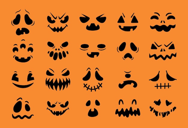 Rostos assustadores de halloween rosto sorridente abóbora de halloween ou  desenho fantasma sorriso assustador olhos negros isolados e bocas máscaras  de férias conjunto de vetores berrante