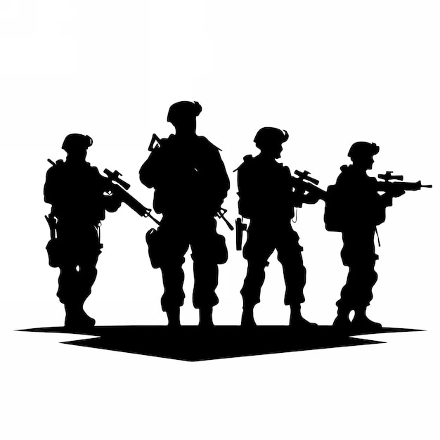 Silhuetas de soldados com armas e mochilas