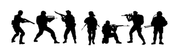 Silhuetas de soldados Tropas de militares armados com fins especiais O soldado está de guarda