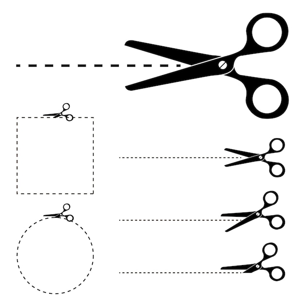 Vetor silhuetas de tesouras vetoriais com linhas tracejadas cut here