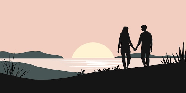Silhuetas de um casal ao pôr-do-sol Com fundo com um casal apaixonado Cena de turismo em um estilo plano