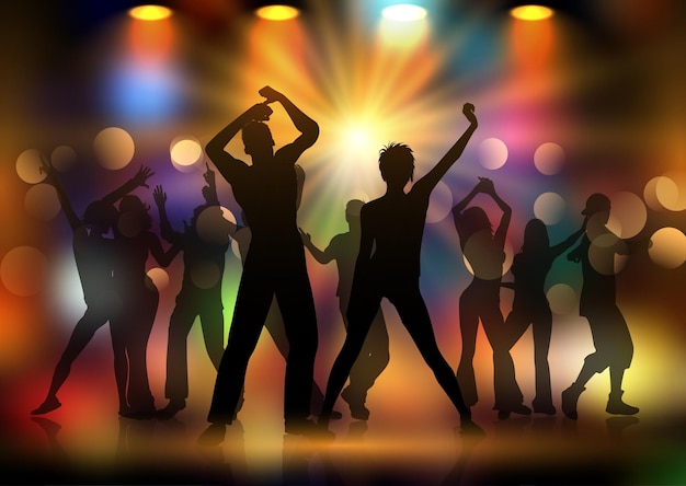 Silhuetas de um grupo de pessoas dançando em um fundo de luzes de discoteca