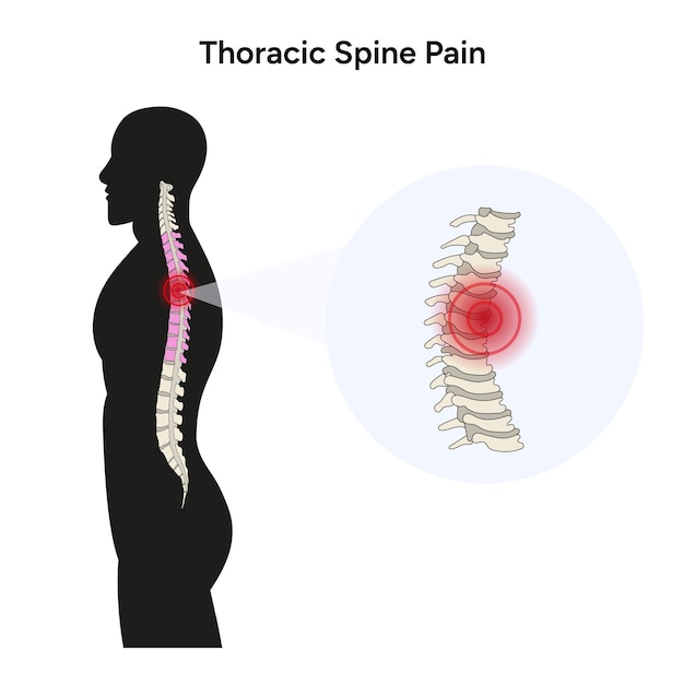 Vetor silhuetas masculinas e dor na coluna torácica em vetor