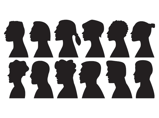 Silhuetas meninas e penteados masculinos Silhueta preta da cabeça meninas Rosto da mulher Perfil do rosto do homem