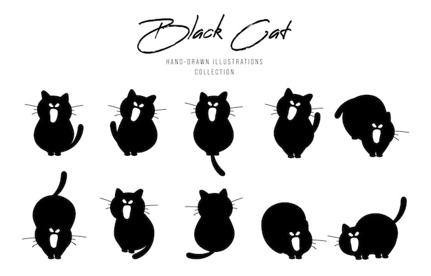 Silhuetas negras de gatos para o dia das bruxas, ilustrações desenhadas à mão.