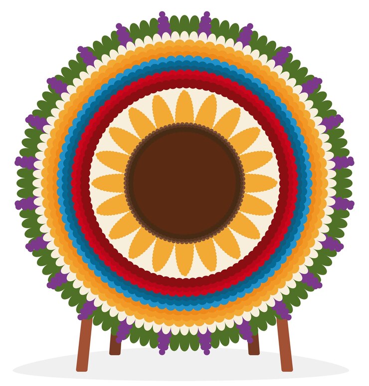 Vetor silleta com pernas de madeira para exposição decorada com forma de girassol e cores da bandeira colombiana