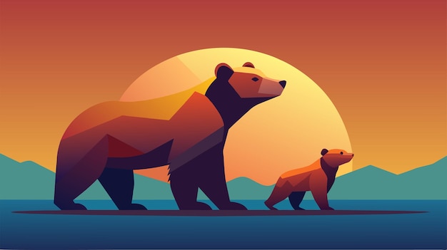 Silueta de mãe e filhote de urso contra o fundo do pôr-do-sol