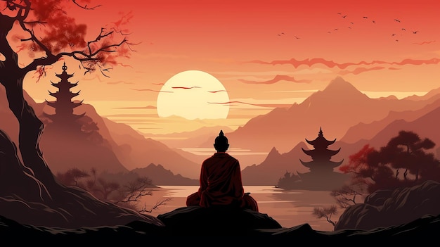 Vetor silueta de um monge budista meditando à beira do rio com uma alta montanha e um belo pôr-do-sol em fundo