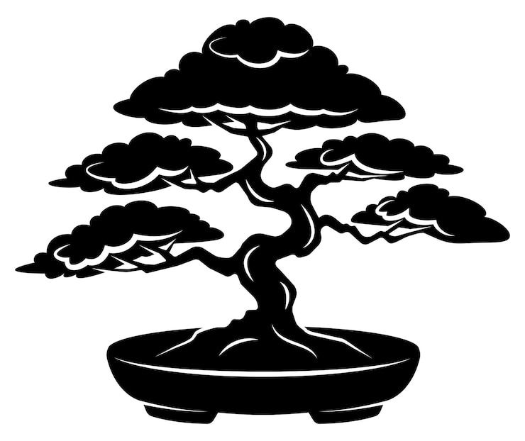 Vetor silueta de uma árvore bonsai em um pote com galhos e folhagem intrincados