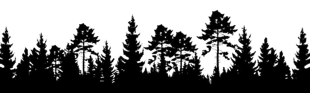 Silueta preta de floresta composta por pinheiros e abetos