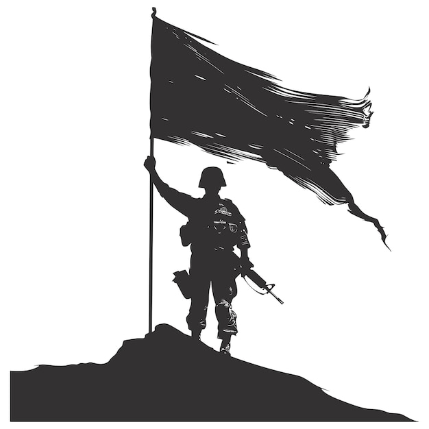 Vetor silueta soldados ou exército posam na frente da bandeira preta só cor preta