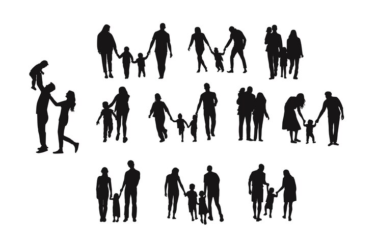 Vetor siluetas de famílias pais com o seu bebé famílias com criança pequena