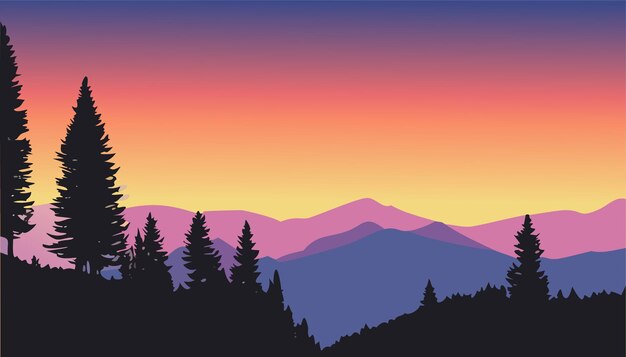 Siluetas de pôr-do-sol da montanha paisagem de natureza serena