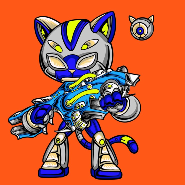 Vetor silver cat robot com arma