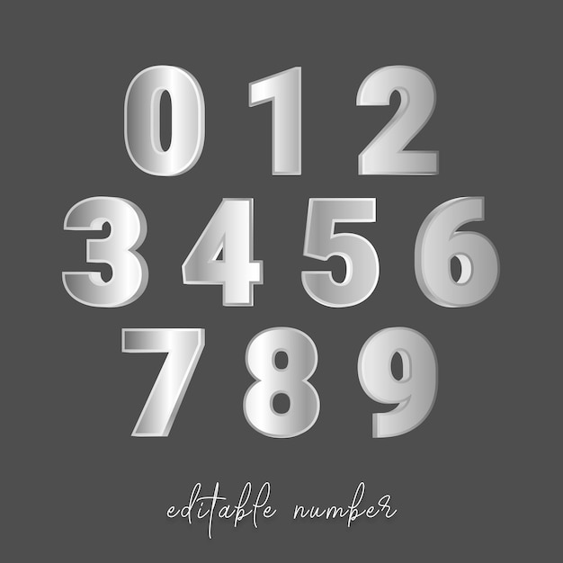 Silver número 1 2 3 4 5 6 7 8 9 0 coleção de efeitos de texto