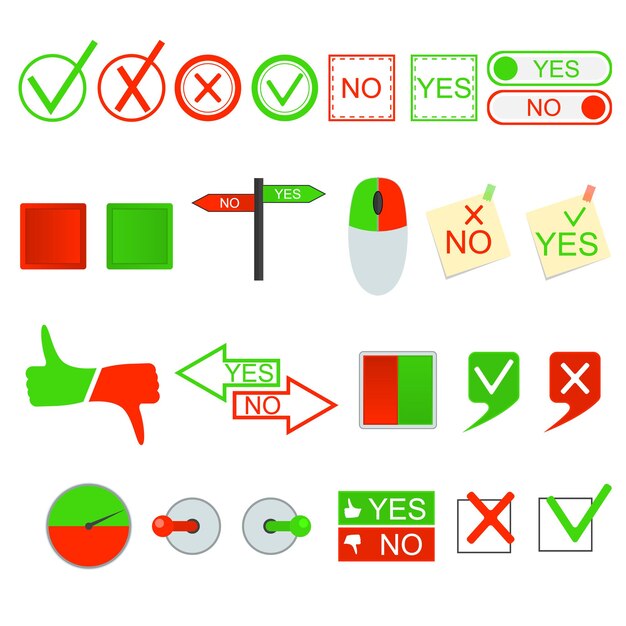 Vetor sim verde e vermelho nenhum sinal definir conceito de bolha do discurso de seta de elementos de design escolha. ilustração vetorial