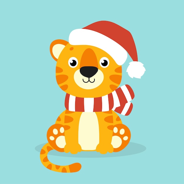 Simbol de tigre em um chapéu de papai noel personagem de desenho animado