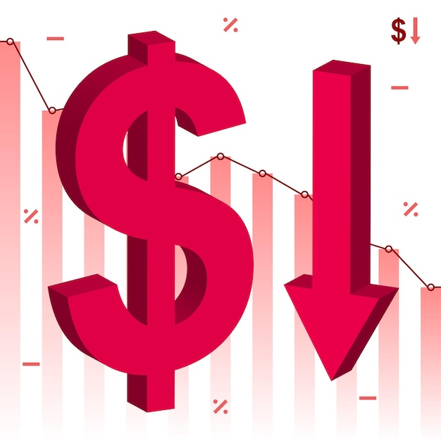 Vetor símbolo 3d da moeda do dólar em queda vermelha com diminuição do fundo do gráfico estatístico