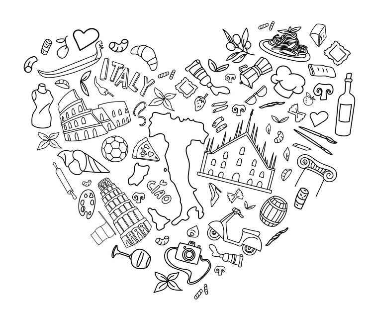 Vetor símbolo da itália em elemento em forma de coração doodle art ilustração desenhada à mão vector clip art