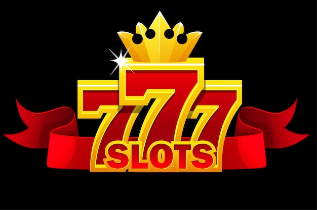 Vetor símbolo de 777 slots, sinal de jackpot com fita vermelha e coroa dourada para jogos de interface do usuário