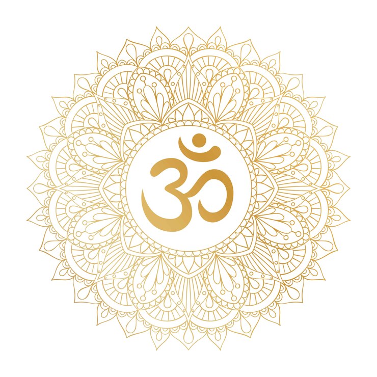 Símbolo de Aum Om Ohm dourado no ornamento decorativo mandala redonda.