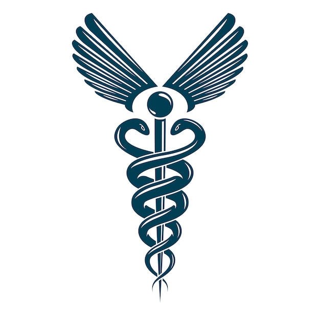 Símbolo de caduceu feito usando asas de pássaros e cobras venenosas, ilustração vetorial conceitual de saúde.