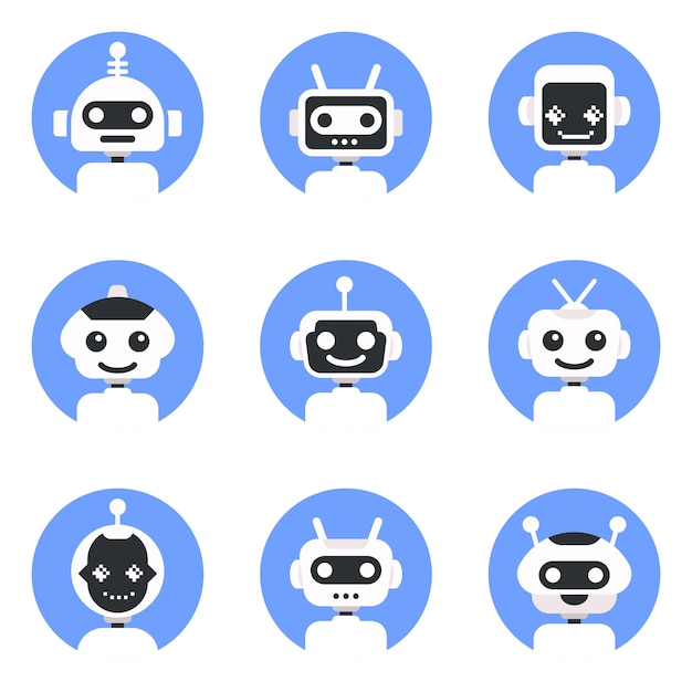 Símbolo de chatbot, modelo de logotipo. conjunto de ícones de robô. design de sinal de bot. ilustração lisa do personagem de banda desenhada do estilo moderno do vetor.