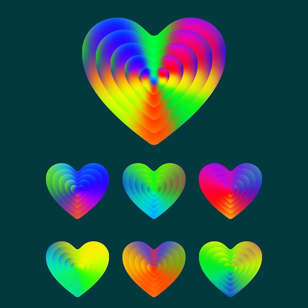 Símbolo de coração. conjunto de corações de textura gradiente colorida. ilustração vetorial.