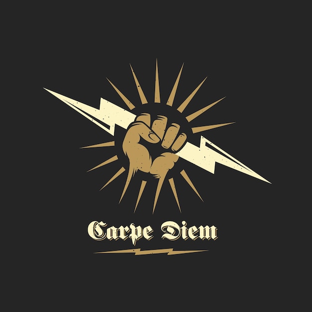 Símbolo de emblema de vetor abstrato Carpe Diem ou modelo de logotipo mão segurando a silhueta de raio com tipografia retrô