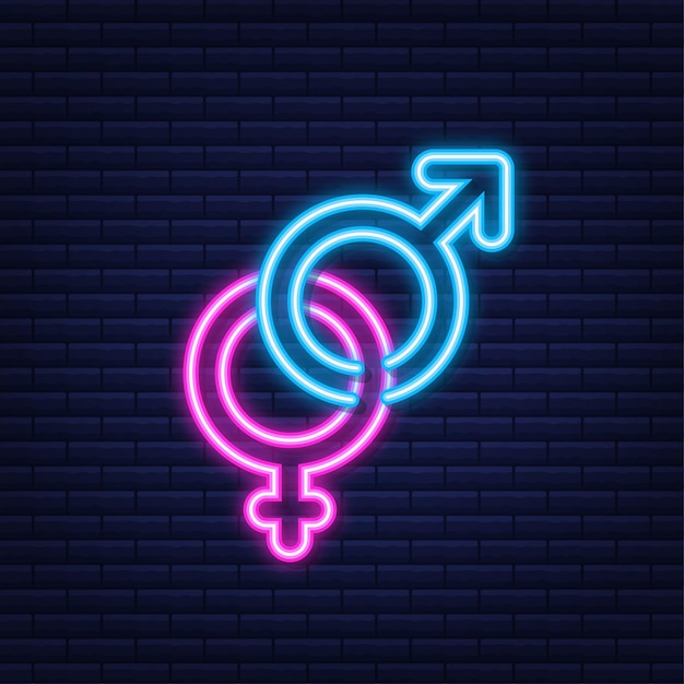Símbolo de homens e mulheres. Ícone de gênero. Estilo neon. Ilustração em vetor das ações.