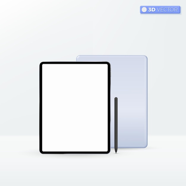 Símbolo de ícone de tela em branco do tablet Tablet frente e verso com caneta Modelo para infográficos ou apresentação Dispositivo de maquete definir conceito Ilustração isolada em vetor 3D Pastel dos desenhos animados Estilo mínimo