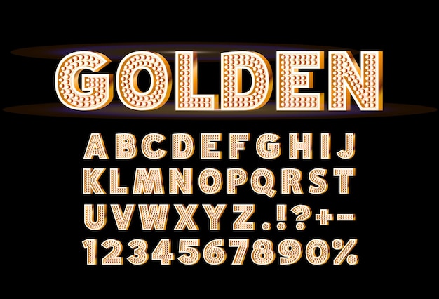 Símbolo de lâmpada dourada de fonte, letra de ouro e conjunto de números. Ilustração vetorial