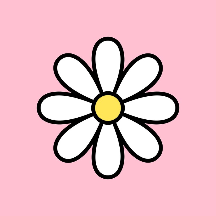 Vetor símbolo de margarida branca de ícone de camomila com adesivo de flor bonito de contorno preto no elemento de design de vetor estético groovy de fundo rosa
