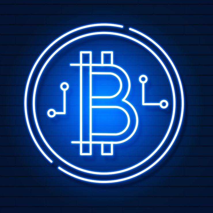 Vetor símbolo de néon bitcoin isolado no efeito background.light preto. dinheiro digital, conceito de tecnologia de mineração. ícone do vetor.