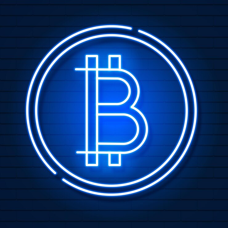Vetor símbolo de néon bitcoin isolado no efeito background.light preto. dinheiro digital, conceito de tecnologia de mineração. ícone do vetor.
