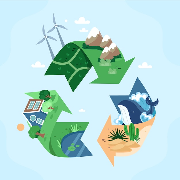 Símbolo de reciclagem com elementos da natureza