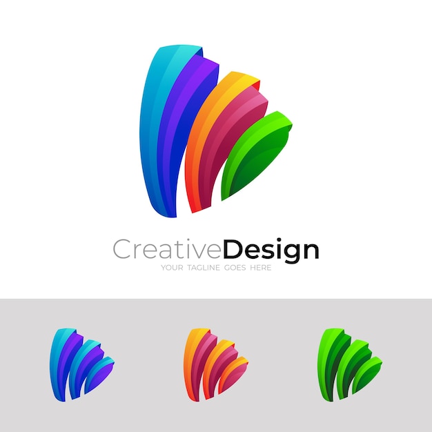 Vetor símbolo de reprodução de logotipo e ícones coloridos 3d, ícone de reprodução