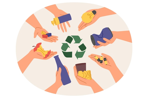 Vetor símbolo de separação e reciclagem de lixo entre as mãos de pessoas com vários resíduos humanos