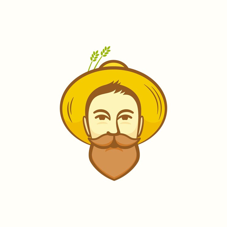 Vetor símbolo de sinal de vetor abstrato de agricultor ou modelo de logotipo barbudo rosto de jovem com bigode no chapéu de jardineiro vegan ou vegetariano emblema hipster conceito
