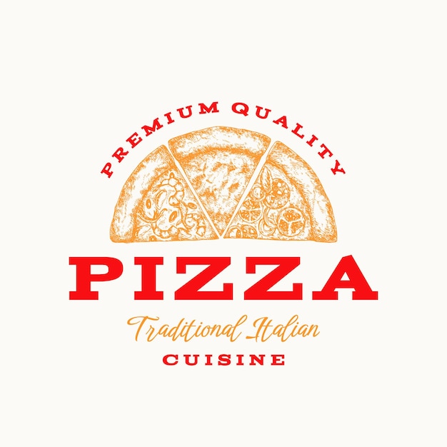 Símbolo de sinal de vetor abstrato de cozinha italiana ou modelo de logotipo mão desenhada esboço pedaços de pizza com tipografia retrô tradicional alimento emblema isolado