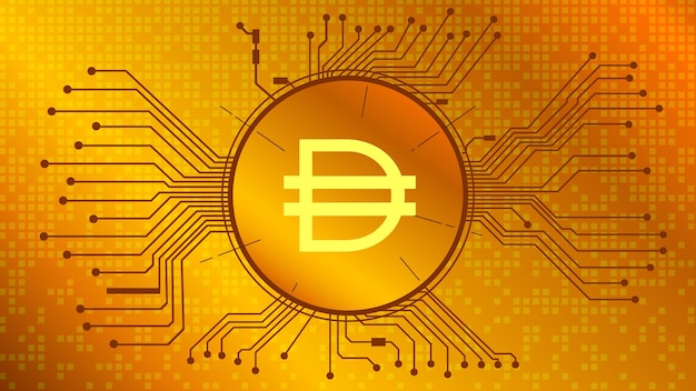 Símbolo de token de criptomoeda dai do projeto defi em círculo com faixas de pcb em fundo dourado ícone de moeda programas financeiros descentralizados vetor eps10