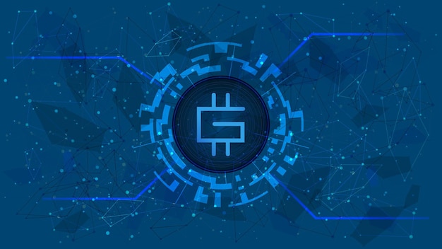 Símbolo de token stepn gmt em círculo digital com tema de criptomoeda futurista em fundo azul ícone de moeda de criptomoeda para banner ou notícias