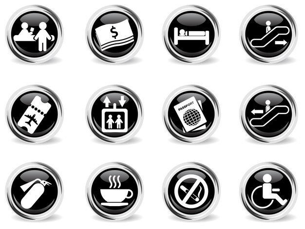 Símbolo de transporte de passageiros e aeroporto no botão preto redondo com anel de metal