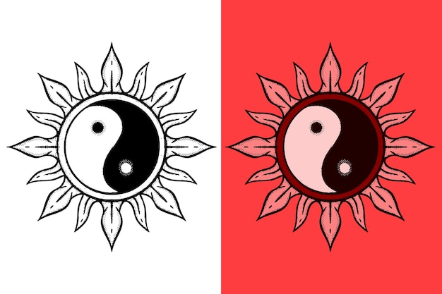 Símbolo de yin e yang ilustração mão desenhada cartoon estilo vintage