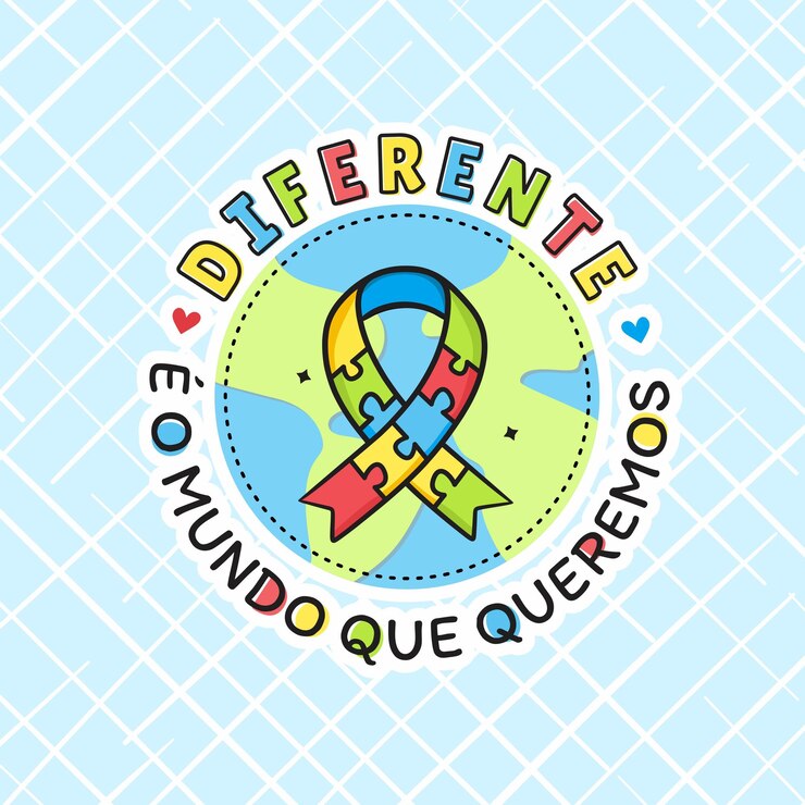 Vetor símbolo do autismo no desenho de um planeta com a frase diferente é o mundo que queremos