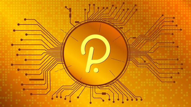 Símbolo do token de criptomoeda polkadot, ícone de moeda dot em círculo com pcb sobre fundo dourado. ilustração vetorial no estilo techno para site ou banner.