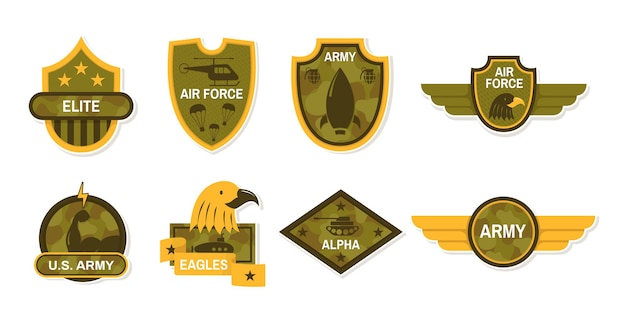 Símbolo militar e emblema do exército conjunto sinais do exército e emblemas diferentes ramos e tipos de tropas vestuário do exército sinais insígnias navais ilustração vetorial