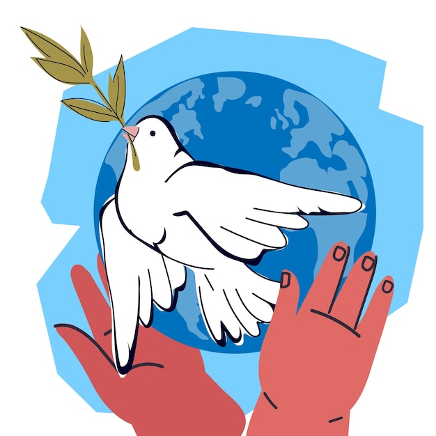 Vetor símbolo ou emblema da paz para o dia mundial da paz e ilustração vetorial do conceito de não guerra isolada em fundo branco pomba no fundo do globo mundial